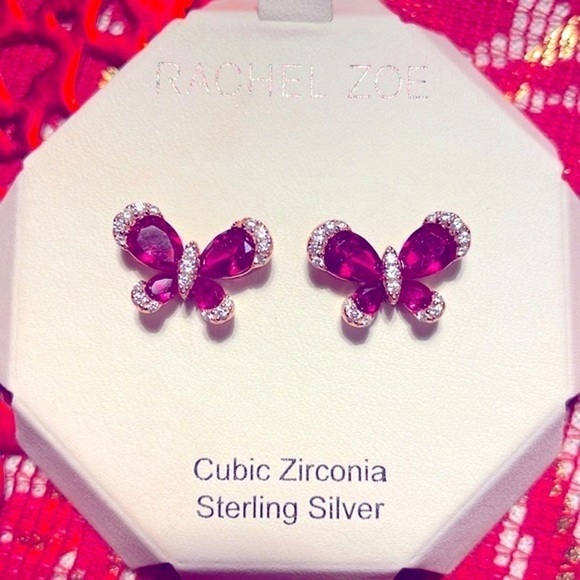 Brand New Rachel Zoe Sterling Silver Magenta Butterfly Post Earrings - Picture 2 of 12